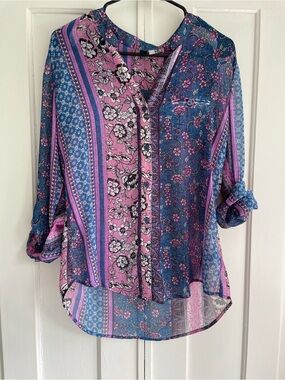 Kut From The Kloth Sheer Shirt Women’s Boho Floral Patchwork Button-Up Blouse